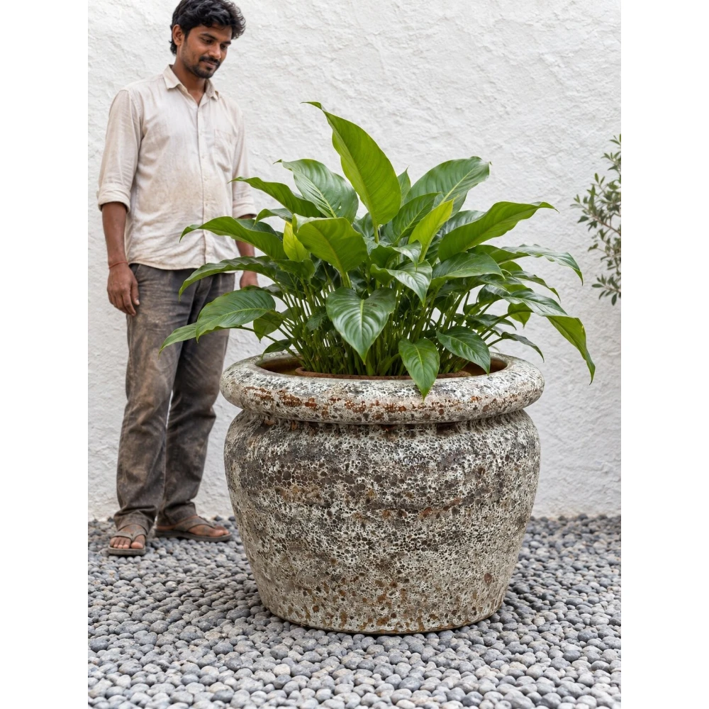 Antique Ivory & Brown Textured Ceramic Planter – Rustic Wide Bowl Design
