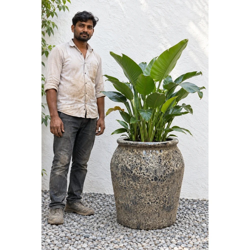 Antique Rustic Lava Finish Ceramic Planter – Large Decorative Pot