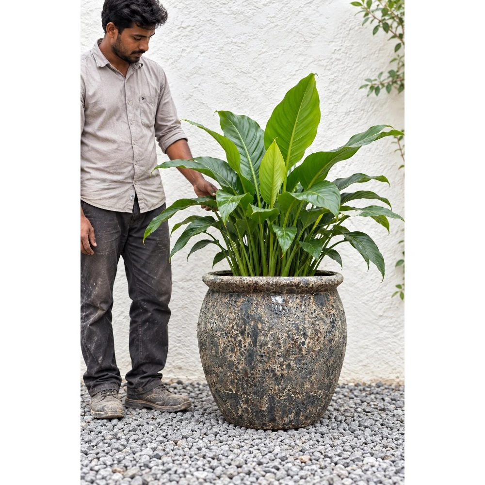 Rustic Lava Glaze Ceramic Planter Pot – Antique Charcoal Finish