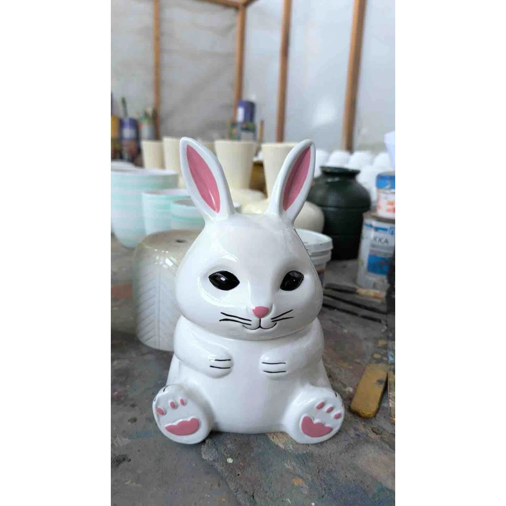 White Ceramic Bunny Rabbit Jar with Pink Details – Decorative Birthday Gift