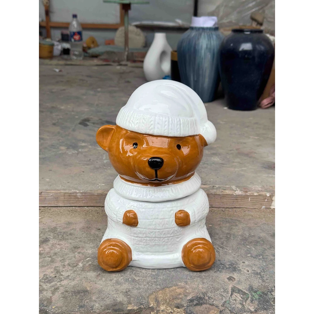 Cute Teddy Bear Ceramic Cookie Jar – White Sweater & Winter Hat Design