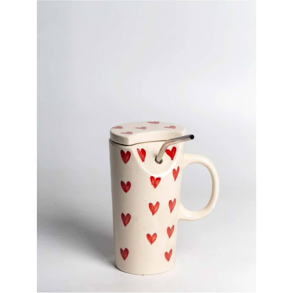 Hand-Painted Red Hearts Ceramic Mug with Lid & Stainless Steel Straw