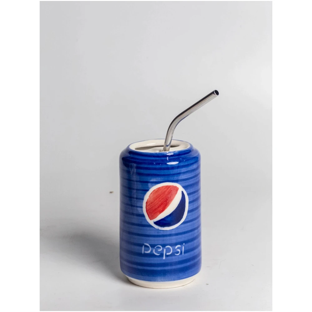Blue Ceramic Pepsi Tumbler with Stainless Steel Straw