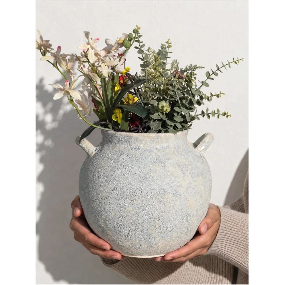 Rustic Textured White Ceramic Vase with Handles