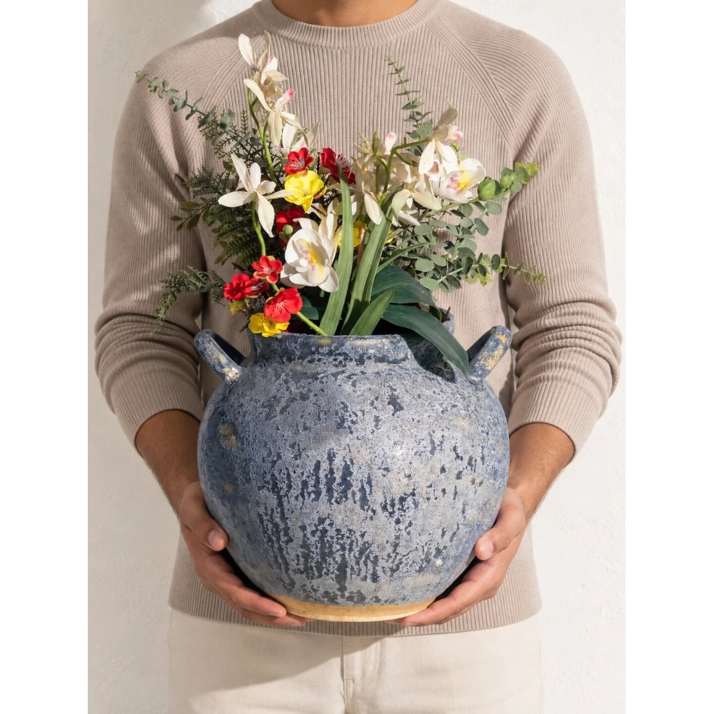 Blue Speckled Ceramic Urn Vase with Handles