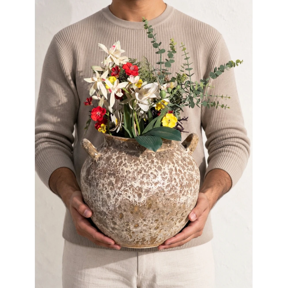 Rustic Speckled Ceramic Urn Vase with Handles