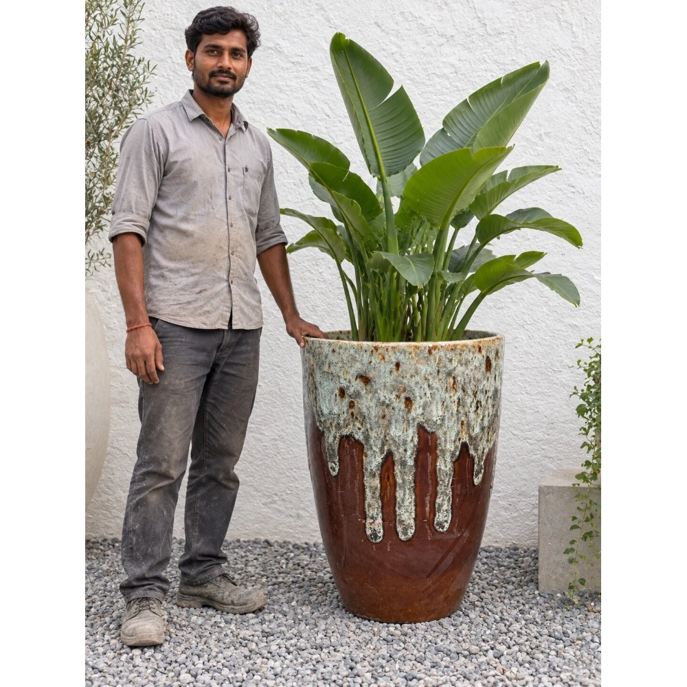 Rustic Brown Drip Glaze Ceramic Planter