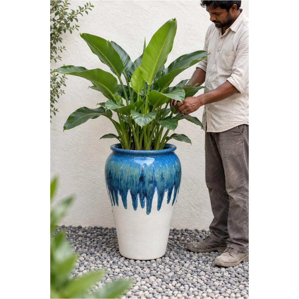 Blue & White Drip Glaze Ceramic Planter