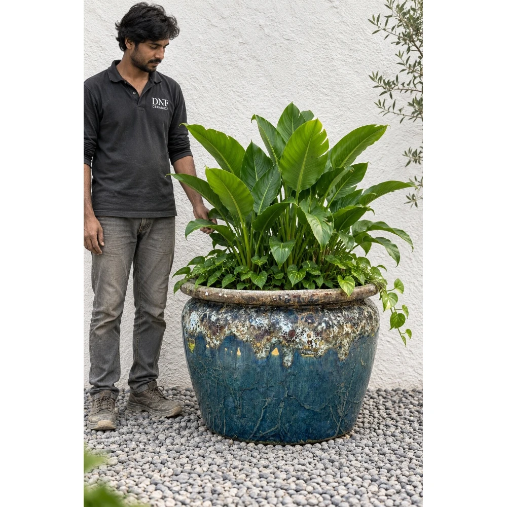 Antique Blue Speckled Ceramic Bowl Planter